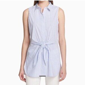 Calvin Klein Striped Poplin Cotton Tie Front Button Up Sleeveless Blouse Top